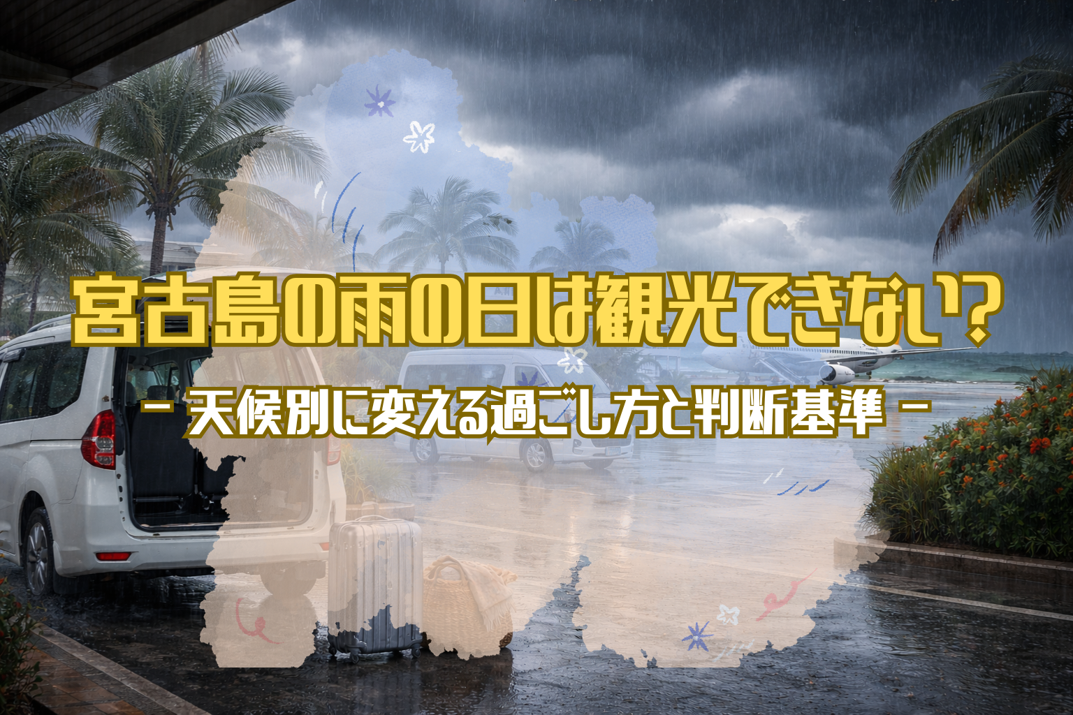 雨天の宮古島空港周辺で送迎車が待機する様子と南国の曇天風景
